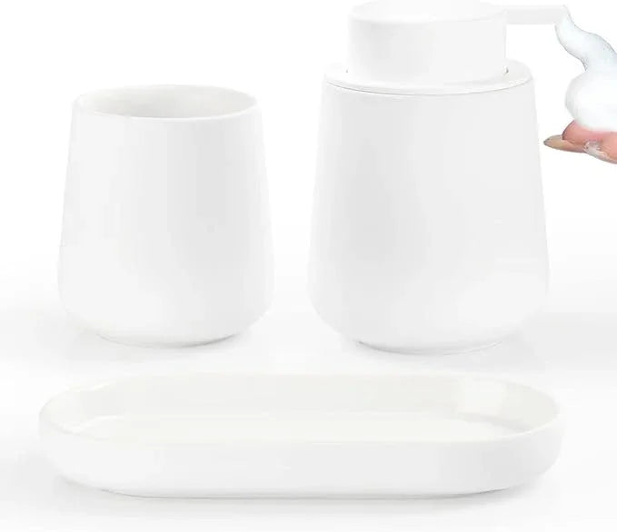 BosilunLife Bathroom Accessories Set 3 pcs - Bathroom Ceramic Foaming Soap Dispenser Set Farmhouse White Bathroom Decor, Foam Soap Dispenser and Toothbrush Holder/Tumbler Cup, Tray - ModernBath