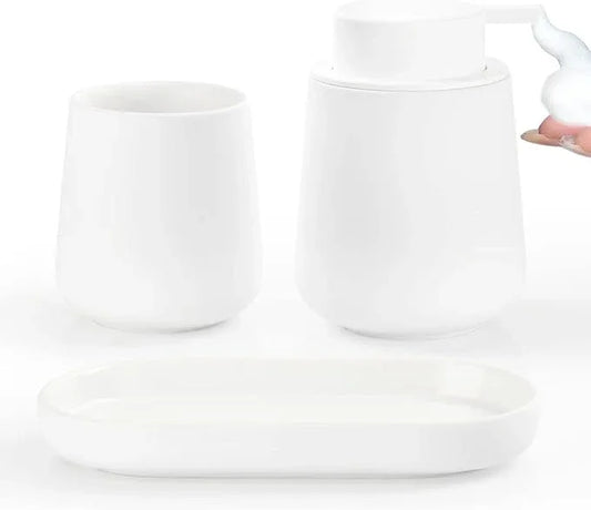BosilunLife Bathroom Accessories Set 3 pcs - Bathroom Ceramic Foaming Soap Dispenser Set Farmhouse White Bathroom Decor, Foam Soap Dispenser and Toothbrush Holder/Tumbler Cup, Tray - ModernBath