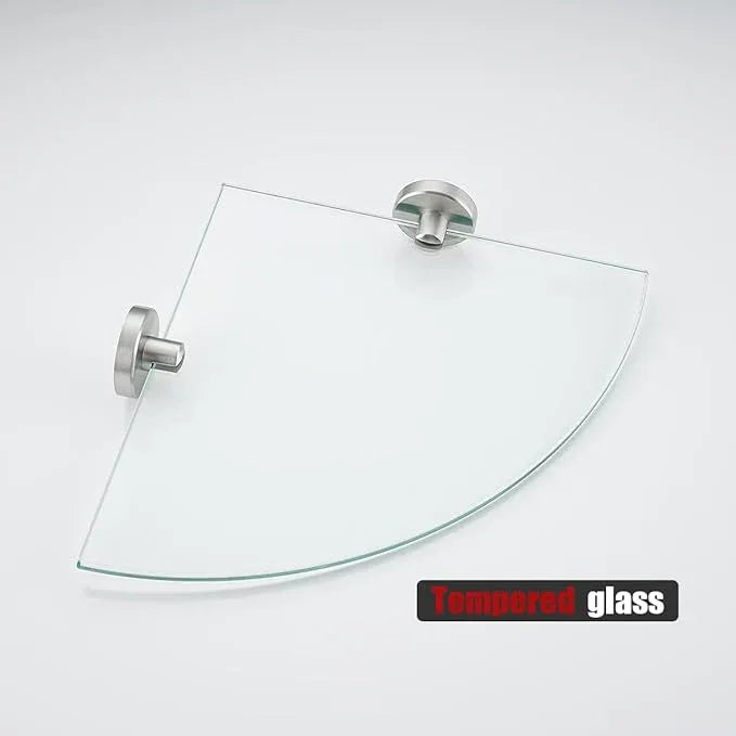 JQK Corner Glass Shelf, Brushed Steel Bathroom 304 Stainless Steel Shower Triangle Floating Wall Shelf, 10 x 10 Tempered Glass, 3 Pack, TGS190L10-BN-P3 - ModernBath