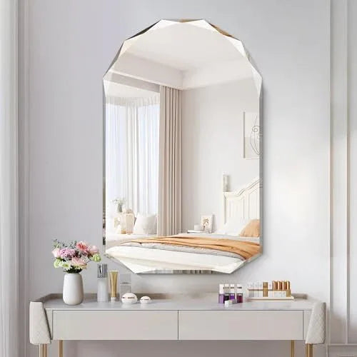 KOCUUY 30"x48" Frameless Mirror, Arched Shape with Diamond-Shaped Beveled Edge,Unframed Decorative with Upgraded Shatterproof Glass,Unique Frameless Mirror for Bathroom,Living Room,Bedroom - ModernBath