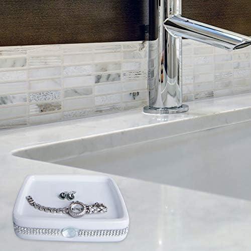 CAA'S Bathroom Accessories Set Ceramic 4 Pieces Bathroom Ensemble for Bath Decor Includes Lotion Dispenser Toothbrush Holder Tumbler Soap Dish (White Inlaid Zircon) - ModernBath