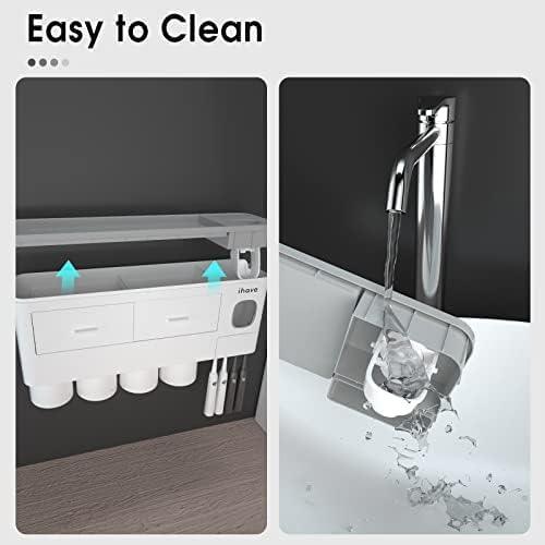iHave Toothbrush Holders for Bathrooms, 4 Cups Toothbrush Holder Wall Mounted with Toothpaste Dispenser - Large Capacity Tray, 2 Cosmetic Drawer - Bathroom Organizer & Bathroom Accessories Set - ModernBath