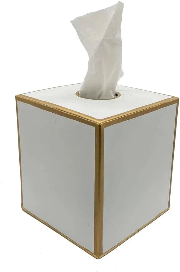 Jaye’s Studio Metal Decorative Tissue Box Cover Square Tissue Box Holder For Bathroom & Bedroom White And Gold Desk Accessories, Facial Tissue Dispenser White Tissue Box Cover Gold For Farmhouse Decor - ModernBath