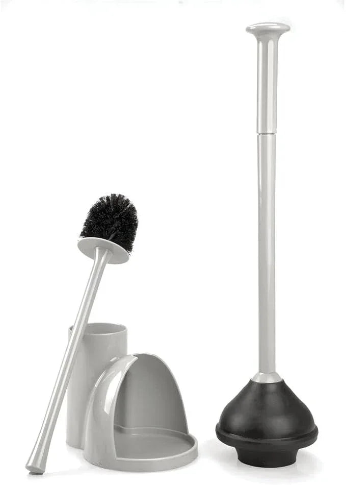 mDesign Hidden Plunger and Brush Set for Toilet Bowl - Brush Cleaner and Plunger Combo with Holder Caddy for Bathroom - Modern Toilet Brush and Plunger Set - Aura Collection - Light Gray - ModernBath