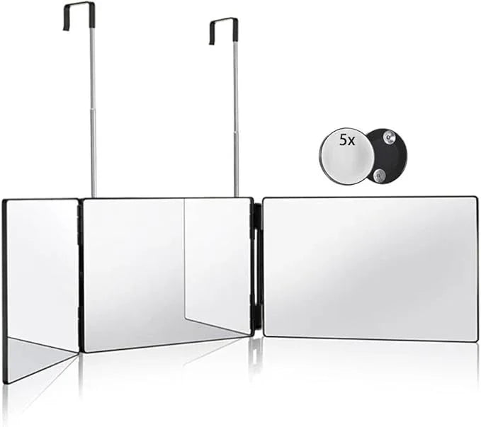 HIEEY 3 Way Mirror for Hair Cutting,360 Trifold Mirror with Height Adjustable Telescoping Hooks,and 5X Magnification,for Makeup, Hair Styling - ModernBath