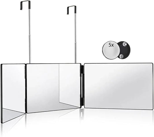 HIEEY 3 Way Mirror for Hair Cutting,360 Trifold Mirror with Height Adjustable Telescoping Hooks,and 5X Magnification,for Makeup, Hair Styling - ModernBath