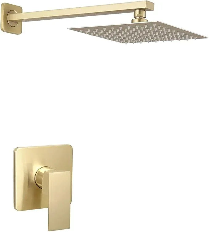 Heable Brushed Gold Shower Faucet Set, Single Function Shower Trim Kit with Rough-in Valve, Square Rain Shower Head System Included Extra Long Shower Arm for Bathroom - ModernBath