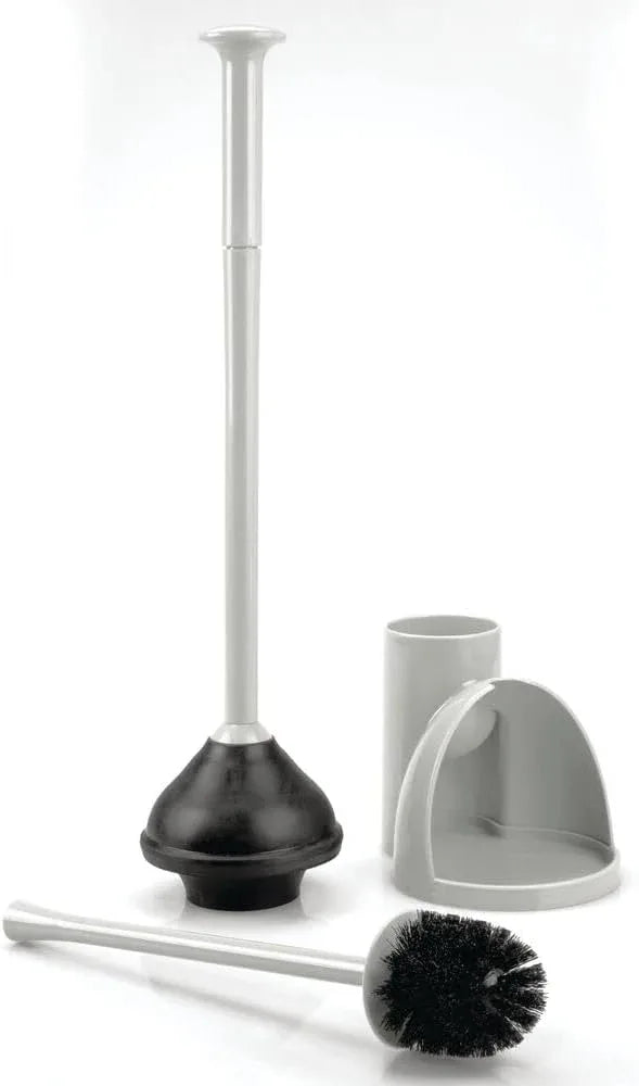 mDesign Hidden Plunger and Brush Set for Toilet Bowl - Brush Cleaner and Plunger Combo with Holder Caddy for Bathroom - Modern Toilet Brush and Plunger Set - Aura Collection - Light Gray - ModernBath