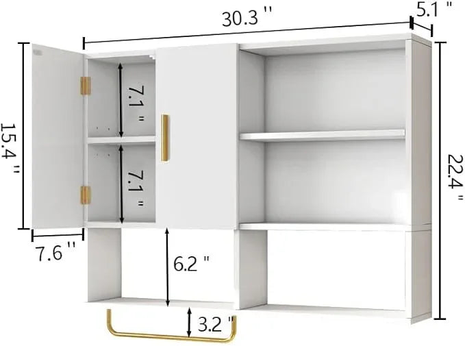 Bathroom Wall Cabinet Wood Large Wall Mounted Medicine Cabinet with 2 Doors and 4 Open Shelves Over Toilet Storage Cabinet Organizer with Towel Bar,White - ModernBath