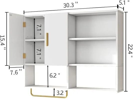 Bathroom Wall Cabinet Wood Large Wall Mounted Medicine Cabinet with 2 Doors and 4 Open Shelves Over Toilet Storage Cabinet Organizer with Towel Bar,White - ModernBath