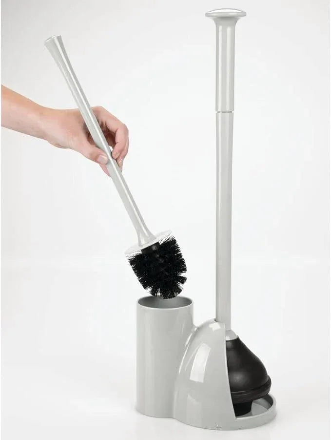 mDesign Hidden Plunger and Brush Set for Toilet Bowl - Brush Cleaner and Plunger Combo with Holder Caddy for Bathroom - Modern Toilet Brush and Plunger Set - Aura Collection - Light Gray - ModernBath