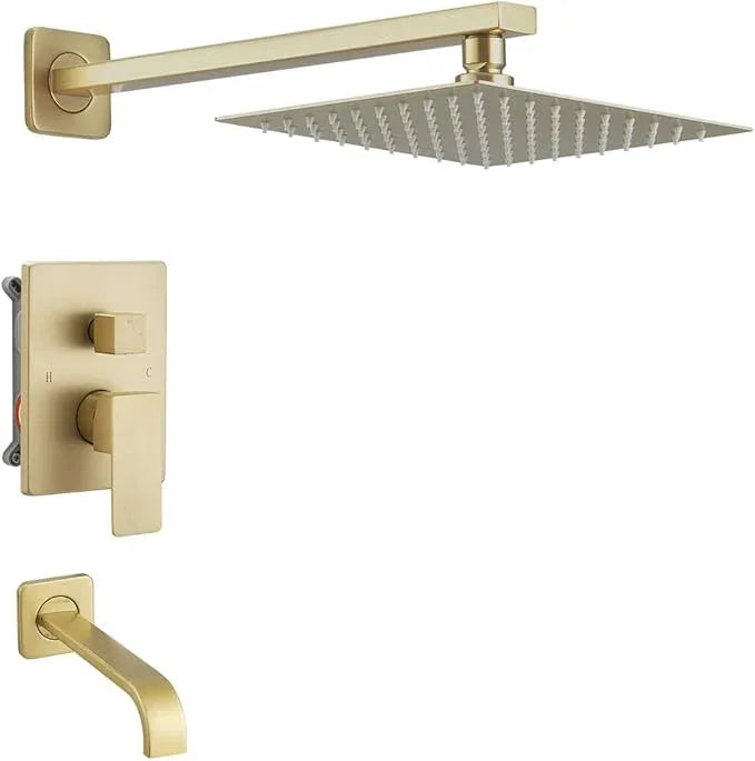 Heable ‎Brushed Gold Shower Faucet Set with Tub Spout Bathroom Luxury Rain Mixer Shower Head System Wall Mounted Shower Faucet Complete, Single Handle Tub and Shower Trim Kit with Rough-in Valve - ModernBath