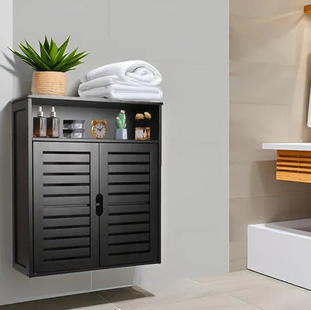 HYNAWIN Wall-Mounted Black Bathroom Cabinet with Double Doors, Bamboo Storage Shelf Organizer for Kitchen, Living Room, or Bathroom - ModernBath