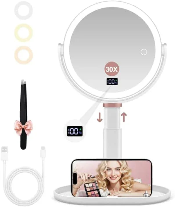 GOMIPURU Makeup Magnifying Mirror with Light 30X/1X, Digital Display, 2-Sided Touch Control, Makeup Mirror with 3 Color Lights,360° Rotate, Height Adjustable Lighted Magnifying Mirrors for Desk Travel - ModernBath