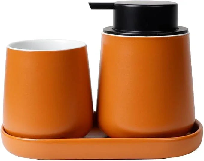 BosilunLife Bathroom Accessories Set 3 pcs - Bathroom Ceramic Foaming Soap Dispenser Set Farmhouse Bathroom Decor, Foam Soap Dispenser and Toothbrush Holder with Tray, Orange - ModernBath