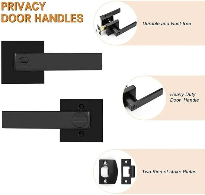 Probrico 3 Pack| Matte Black Square Privacy Door Levers Heady Duty Interior Door Handles, Keyless Locks Reversible Handlesets for Bed/Bath - ModernBath