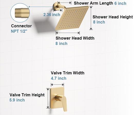 Lavatrum Gold Shower Head and Valve Set Single Spray Premium Wall Mount 8 Inch Rainfall Squre 1 Handle Shower Faucet with Rough-in Valves and Knob Kit for Bathroom Mixer （1.8GPM) - ModernBath