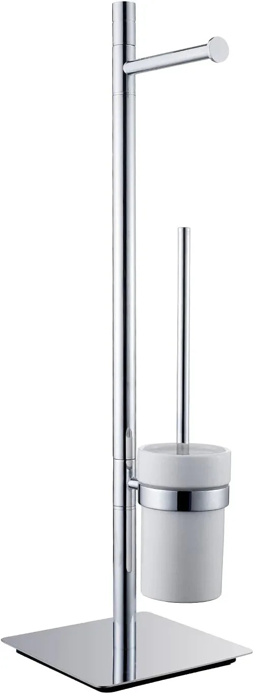 Freestanding Toilet Brush and Paper Holder Set Superior Hotel Luxury Style Join Roll Paper and Toilet Brush Non-Skid Sturdy Floor Stand Brass Chrome with White Ceramic Cup - ModernBath