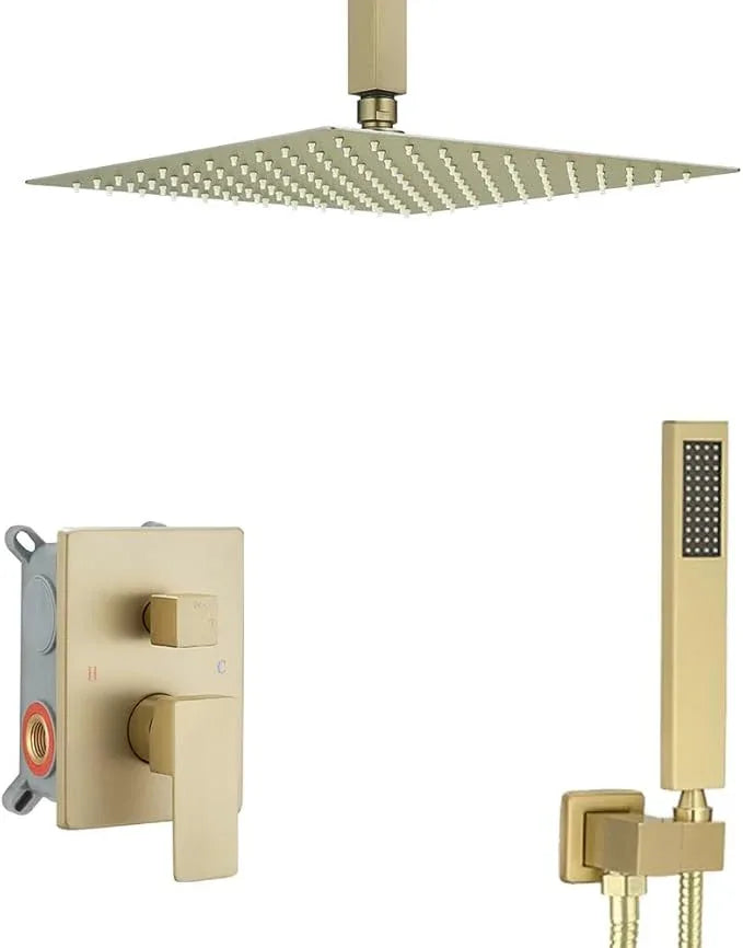 Heable ‎Brushed Gold Shower System Bathroom 12 Inch Rain Shower Head Ceiling Mount with Handheld Luxury High Pressure Shower Combo Set Shower Faucet Rough-in Valve Body and Trim Kit - ModernBath