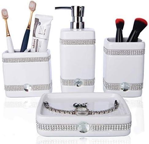 CAA'S Bathroom Accessories Set Ceramic 4 Pieces Bathroom Ensemble for Bath Decor Includes Lotion Dispenser Toothbrush Holder Tumbler Soap Dish (White Inlaid Zircon) - ModernBath