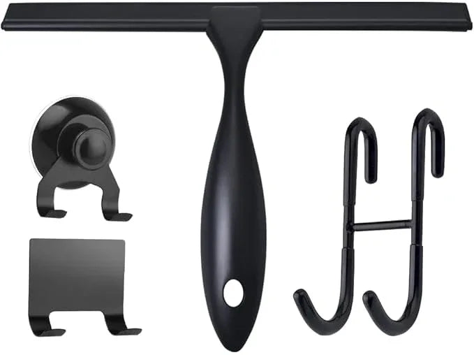 12'' Light Weight Stainless Steel Shower Squeegee for Glass Doors with 4 Pieces Set (1 Window Squeegee, 1 Door Hook and 2 Adhesive Hooks) Perfect Cleaning Tool for Car, Window, Bathroom Mirror - ModernBath