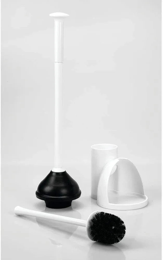mDesign Hidden Plunger and Brush Set for Toilet Bowl - Combo with Holder Caddy - Modern Toilet Brush and Plunger Set - Aura Collection - White - ModernBath