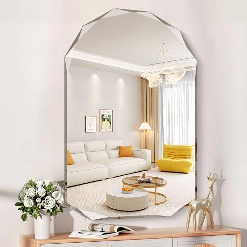 KOCUUY 30"x48" Frameless Mirror, Arched Shape with Diamond-Shaped Beveled Edge,Unframed Decorative with Upgraded Shatterproof Glass,Unique Frameless Mirror for Bathroom,Living Room,Bedroom - ModernBath