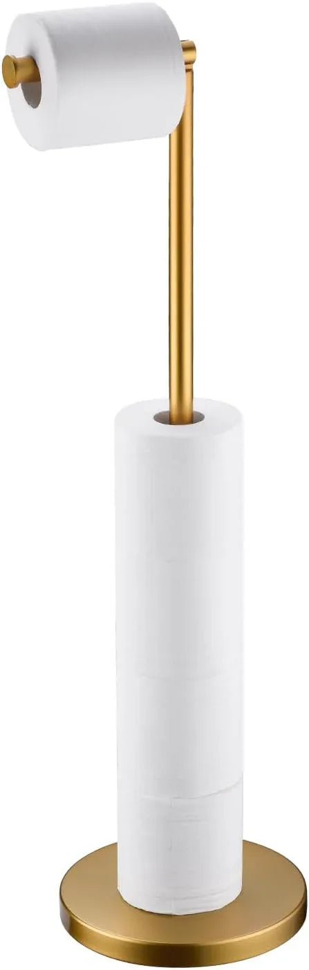 BAGNOLUX Bathroom Toilet Paper Holder Stand with Reserve, SUS304 Stainless Steel Rustproof Pedestal Tissue Roll Holder Heavy Duty (Brushed Brass) - ModernBath