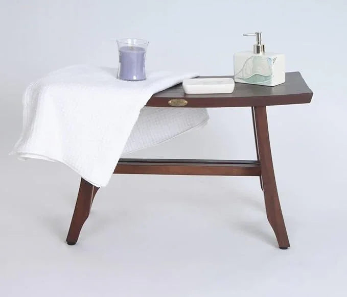 DecoTeak Teak Shower Bench – 28 Inch Waterproof Wooden Seat for Inside Shower Spa-Quality Shower Chair | Curved Seat for Adults | Non-Slip Feet | Large Storage Shelf - ModernBath