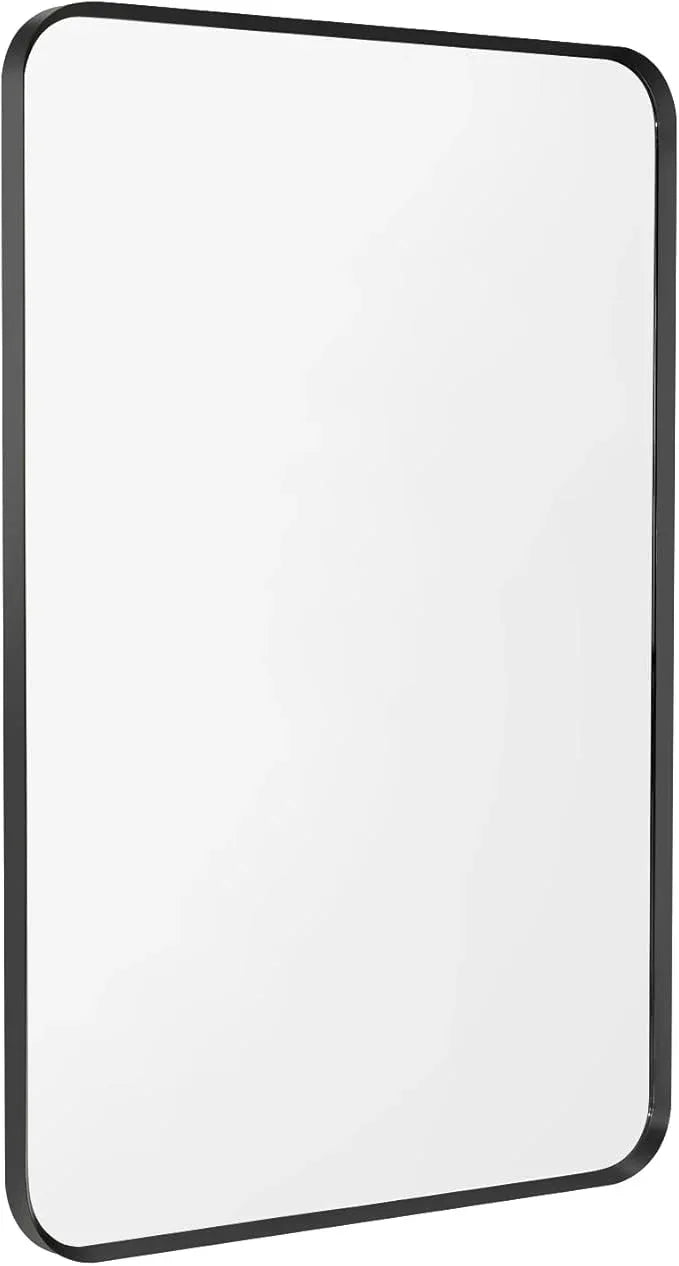 Minuover Wall Mount Mirror for Bathroom, Brush Black Metal Framed Rounded Corner Rectangular Vanity Mirror (16" x 20", Black) - ModernBath