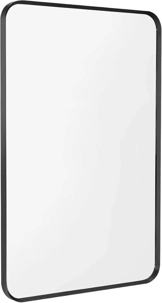 Minuover Wall Mount Mirror for Bathroom, Brush Black Metal Framed Rounded Corner Rectangular Vanity Mirror (16" x 20", Black) - ModernBath