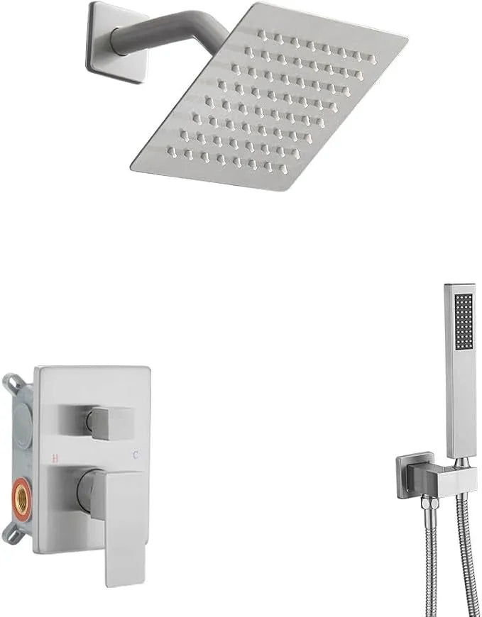 JingGang Shower System Brushed Nickel Bathroom Rainfall Shower Faucet Set Complete Wall Mounted 6 Inch Shower Head and Handle Set with Rough-in Valve Body and Trim Kit - ModernBath