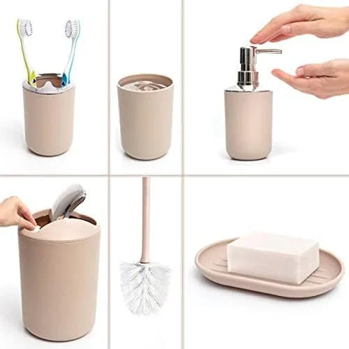 Moss & Stone 6-Piece Bathroom Accessories Set, Includes Soap Dispenser, Toothbrush Holder, Toothbrush Cup, Soap Dish, Complete Bathroom Decor Set (Beige) - ModernBath