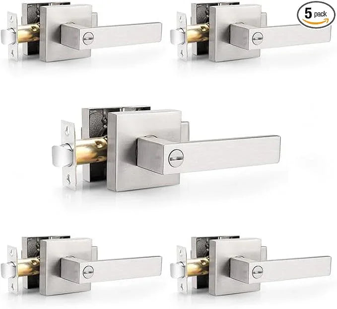 Probrico 5 Pack Door Handles Brsuhed Nickel Privacy Door Levers with Lock for Bedroom & Bathroom, Heavy Duty Square Interior Door Handles,for Left & Right Handed Doors,Keyless - ModernBath