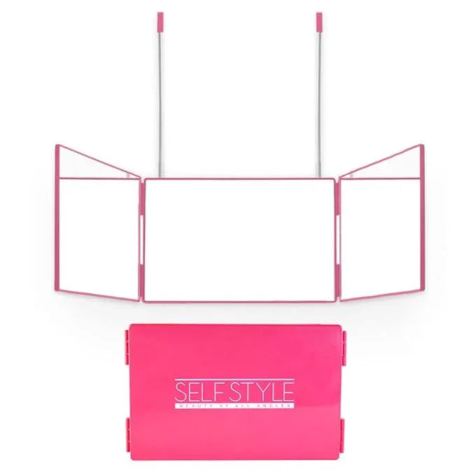 Self-Cut System 3 Way Mirror for Braiding Hair, Styling & Hair Coloring - Tri-Fold Three Way Mirror with Telescoping Hooks - Compact & Travel Size - Over-the-Door Mount for DIY Haircuts, Makeup - Pink - ModernBath
