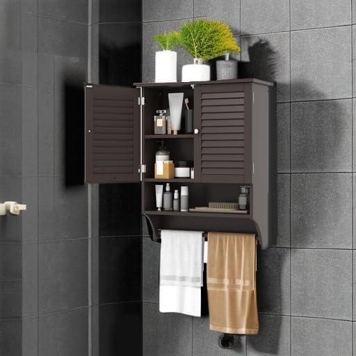Tangkula Wall Mounted Bathroom Cabinet w/Open Shelf & Bar, Medicine Cabinet w/Double Louvered Doors, Adjustable Shelf, Wall Storage Cabinet for Bathroom Living Room Kitchen (Espresso) - ModernBath