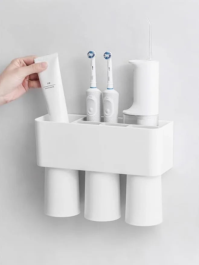 FLAUVEL Wall-Mounted Toothbrush and Toothpaste Holder - Self-Draining Design, Easy Installation, Space-Saving, White (Triple - Three Magnetic Cups) - ModernBath