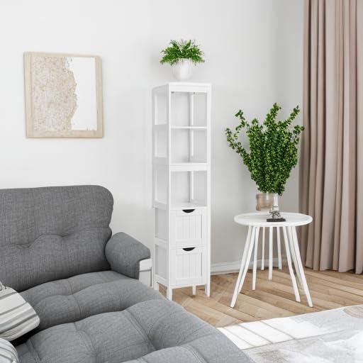 VASAGLE Storage Cabinet, Storage Organizer Rack Stand for Bathroom, Living Room, Bedroom, Multifunctional Corner Unit, 2 Drawers, 55.7 Inches in Height, White UBBC66WT - ModernBath