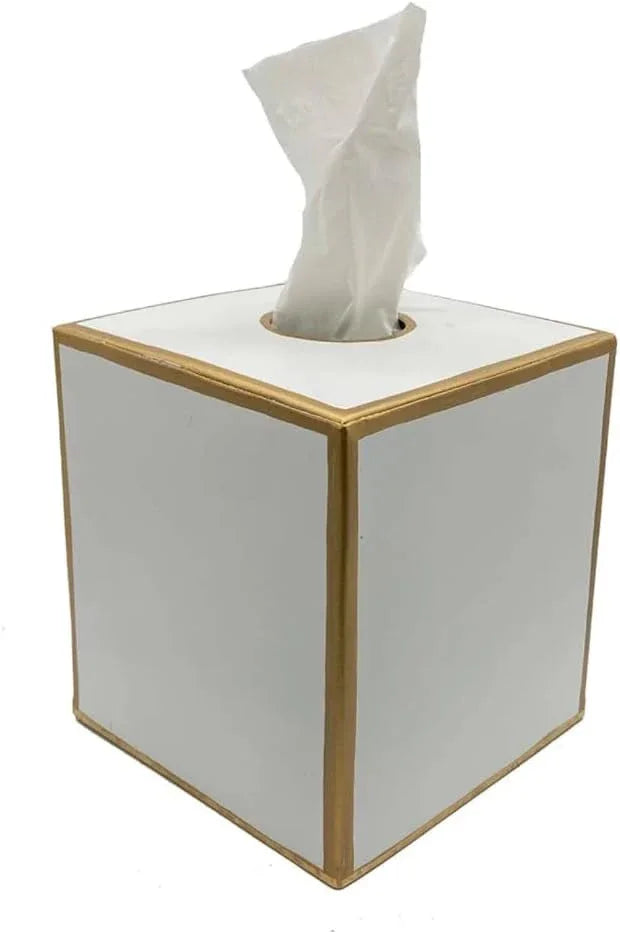 Jaye’s Studio Metal Decorative Tissue Box Cover Square Tissue Box Holder For Bathroom & Bedroom White And Gold Desk Accessories, Facial Tissue Dispenser White Tissue Box Cover Gold For Farmhouse Decor - ModernBath