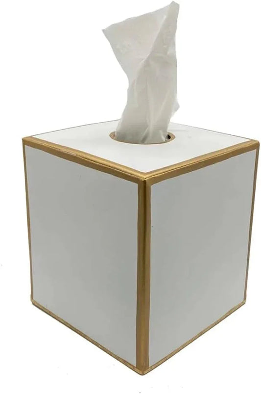 Jaye’s Studio Metal Decorative Tissue Box Cover Square Tissue Box Holder For Bathroom & Bedroom White And Gold Desk Accessories, Facial Tissue Dispenser White Tissue Box Cover Gold For Farmhouse Decor - ModernBath