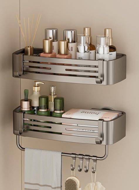 UKKA HOME Suction Cup SQUARE Shower Caddy with Hooks and Towel Bar for Bathroom. Aluminum, Reusable, Rustproof, No Drill, No Tools, No Glue. Multifunctional, Hang Towel, Loofah, Sponge (2 Pack, Gray) - ModernBath