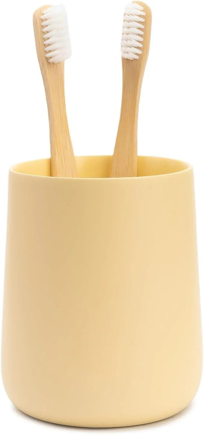 Yew Design Matte Yellow Cream Toothbrush and Toothpaste Holder and Cup for Bathroom Vanity and Countertop, Round Organizer for Electric Toothbrushes, Floss, Razors, Cotton, and Mouthwash - ModernBath