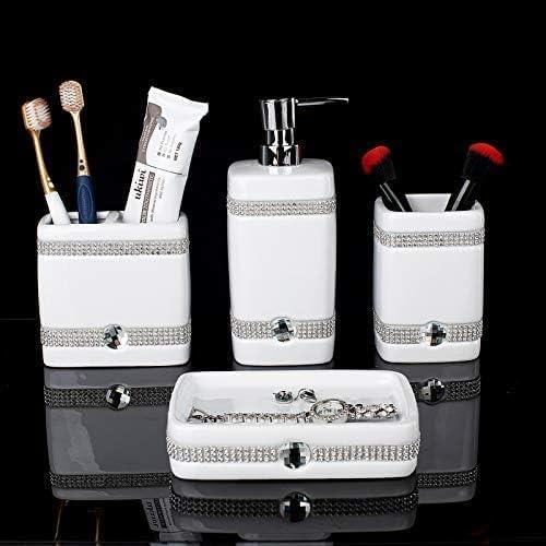 CAA'S Bathroom Accessories Set Ceramic 4 Pieces Bathroom Ensemble for Bath Decor Includes Lotion Dispenser Toothbrush Holder Tumbler Soap Dish (White Inlaid Zircon) - ModernBath