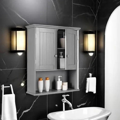Tangkula Wall Mount Bathroom Cabinet Wooden Medicine Cabinet Storage Organizer with 2-Doors and 1-Shelf Cottage Collection Wall Cabinet (Grey) - ModernBath