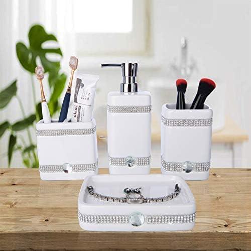 CAA'S Bathroom Accessories Set Ceramic 4 Pieces Bathroom Ensemble for Bath Decor Includes Lotion Dispenser Toothbrush Holder Tumbler Soap Dish (White Inlaid Zircon) - ModernBath