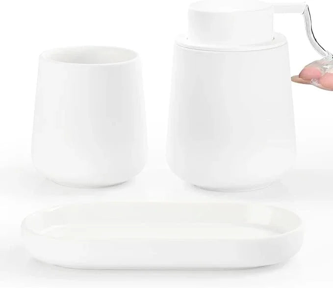 BosilunLife White Bathroom Accessory Set - 3 pcs Ceramic Bathroom Soap Dispenser Set Farmhouse Bathroom Decor Sets Accessories, Soap Dispenser and Toothbrush Holder, Tray (White Set - Liquid Pump) - ModernBath