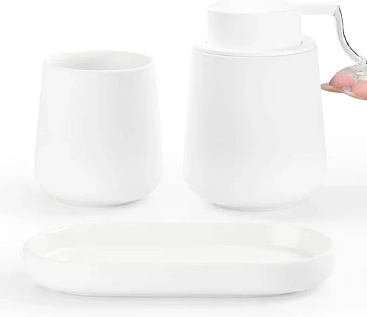 BosilunLife White Bathroom Accessory Set - 3 pcs Ceramic Bathroom Soap Dispenser Set Farmhouse Bathroom Decor Sets Accessories, Soap Dispenser and Toothbrush Holder, Tray (White Set - Liquid Pump) - ModernBath