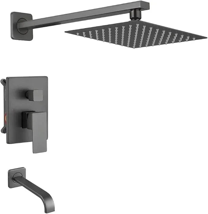 Heable Grey Shower Faucet Set with Tub Spout Bathroom Luxury Rain Mixer Shower Head System Wall Mounted Shower Faucet Complete, Single Handle Tub and Shower Trim Kit with Rough-in Valve - ModernBath