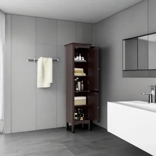 Tangkula 63" Tall Bathroom Storage Cabinet, Freestanding Narrow Linen Tower with Adjustable Shelf, Modern Slim Floor Cabinet with 2 Doors for Bathroom, Living Room, Kitchen (Brown) - ModernBath