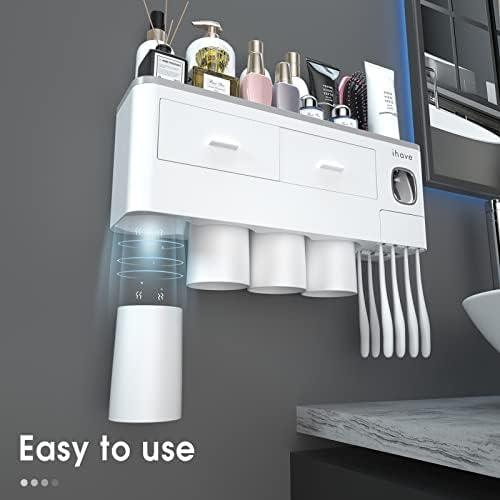 iHave Toothbrush Holders for Bathrooms, 4 Cups Toothbrush Holder Wall Mounted with Toothpaste Dispenser - Large Capacity Tray, 2 Cosmetic Drawer - Bathroom Organizer & Bathroom Accessories Set - ModernBath